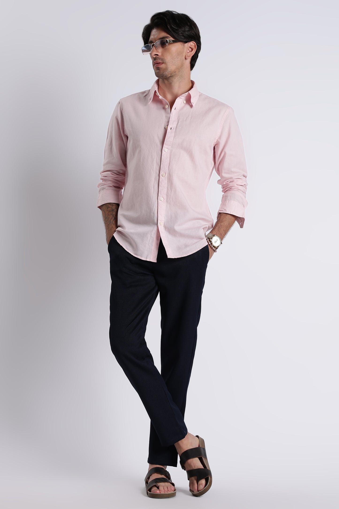 Premium Cotton Linen Slim Fit Solid Shirt Pink