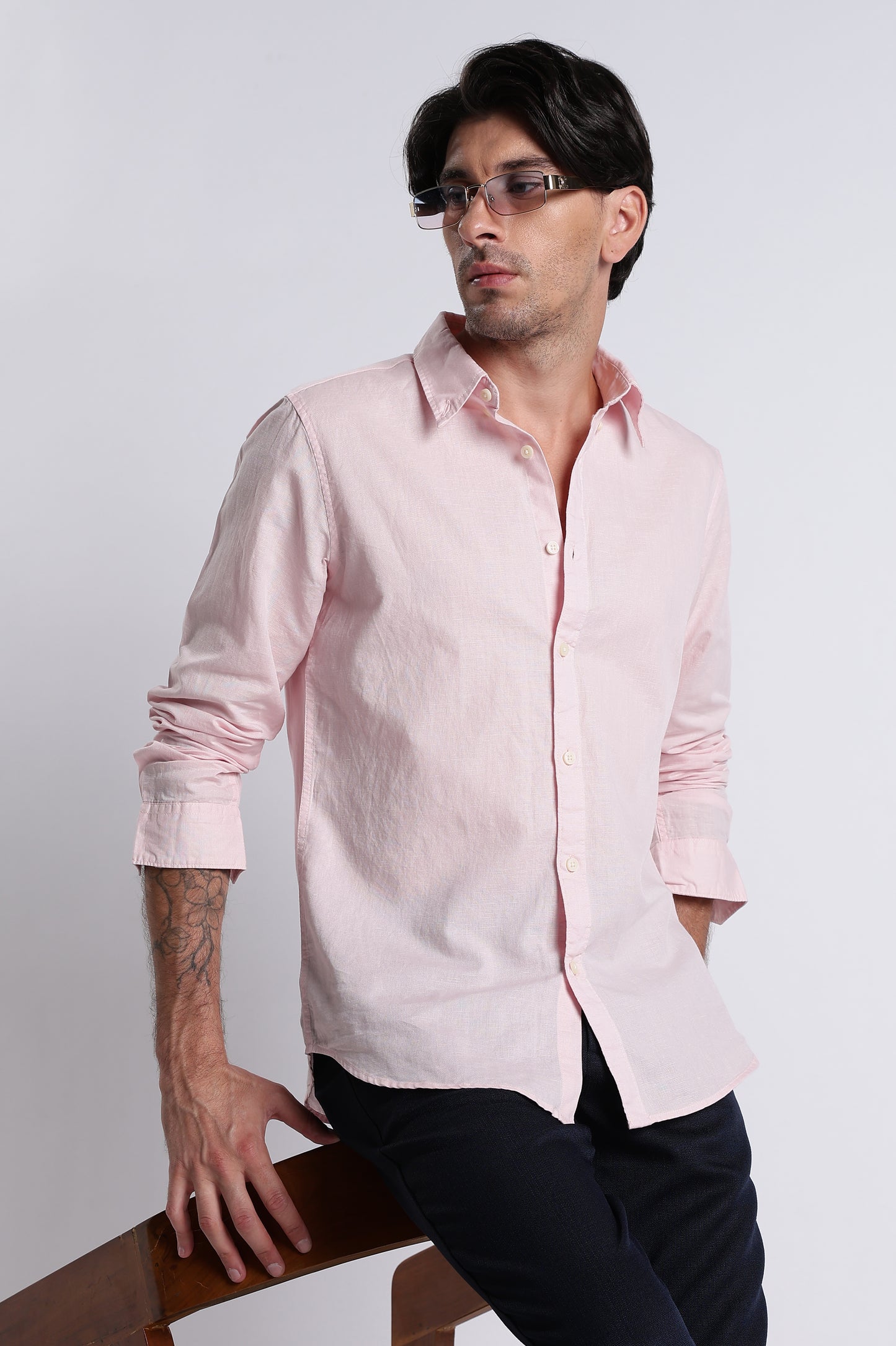 Premium Cotton Linen Slim Fit Solid Shirt Pink