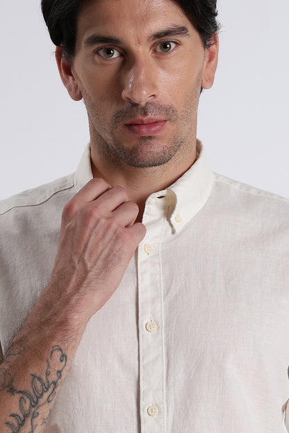 Premium Cotton Linen Slim Fit Solid Shirt Off White