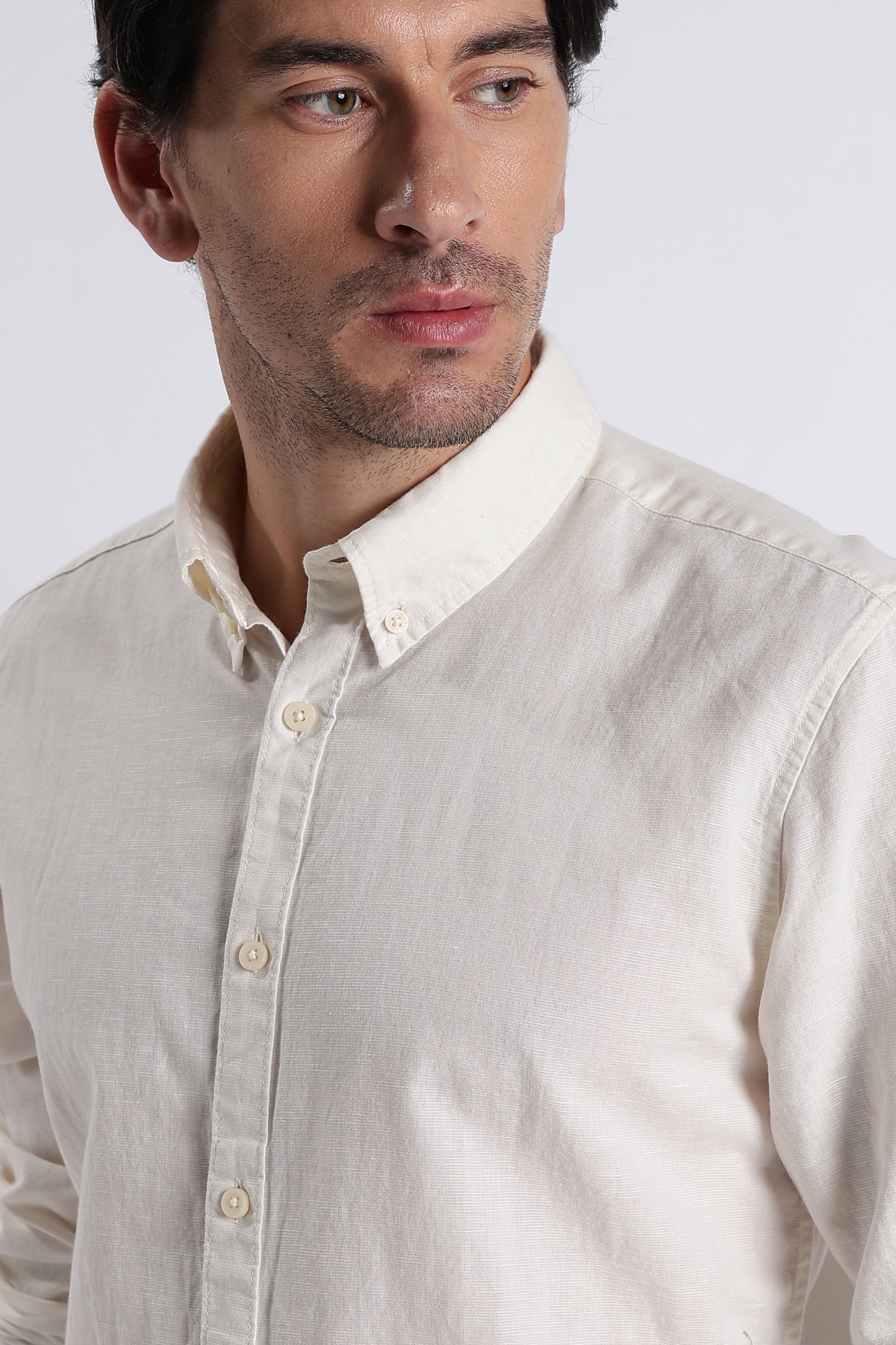 Premium Cotton Linen Slim Fit Solid Shirt Off White