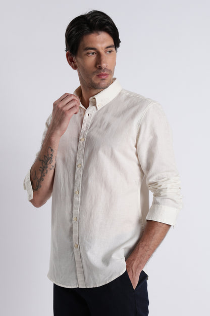 Premium Cotton Linen Slim Fit Solid Shirt Off White