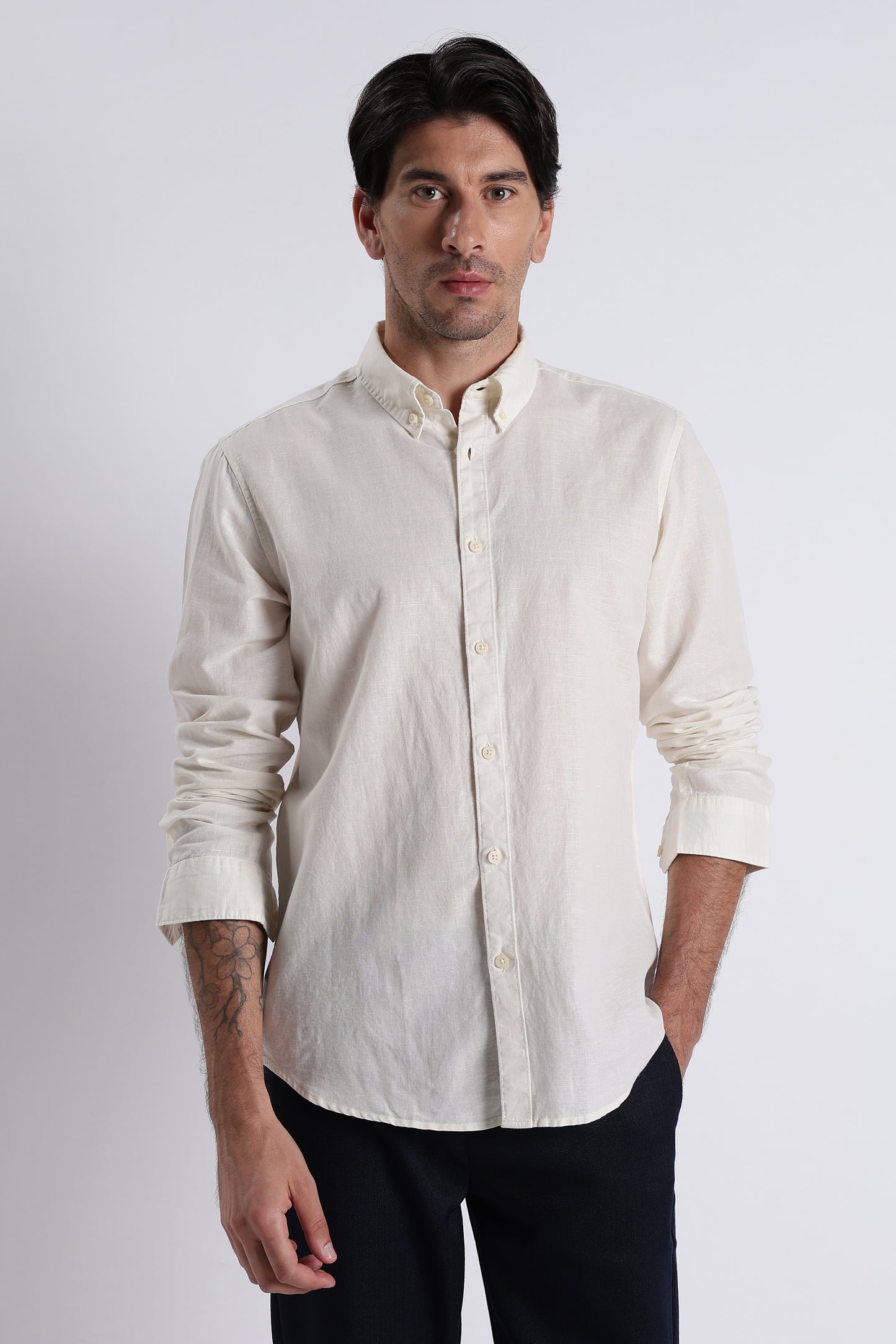 Premium Cotton Linen Slim Fit Solid Shirt Off White