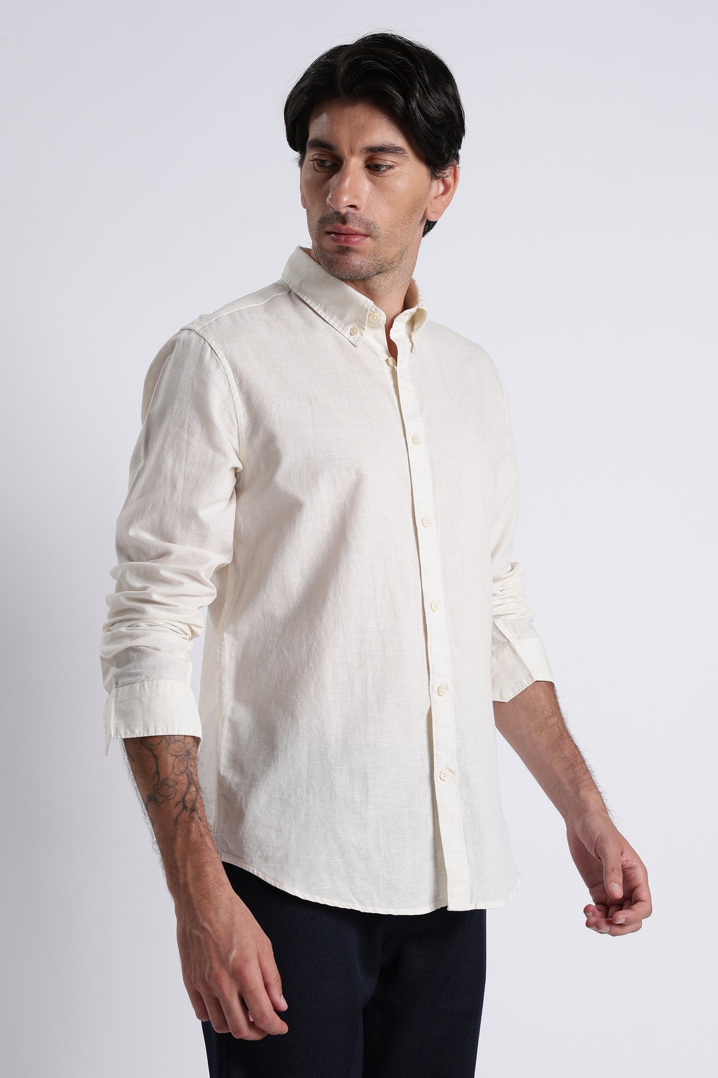 Premium Cotton Linen Slim Fit Solid Shirt Off White
