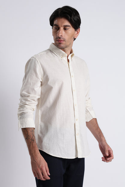 Premium Cotton Linen Slim Fit Solid Shirt Off White