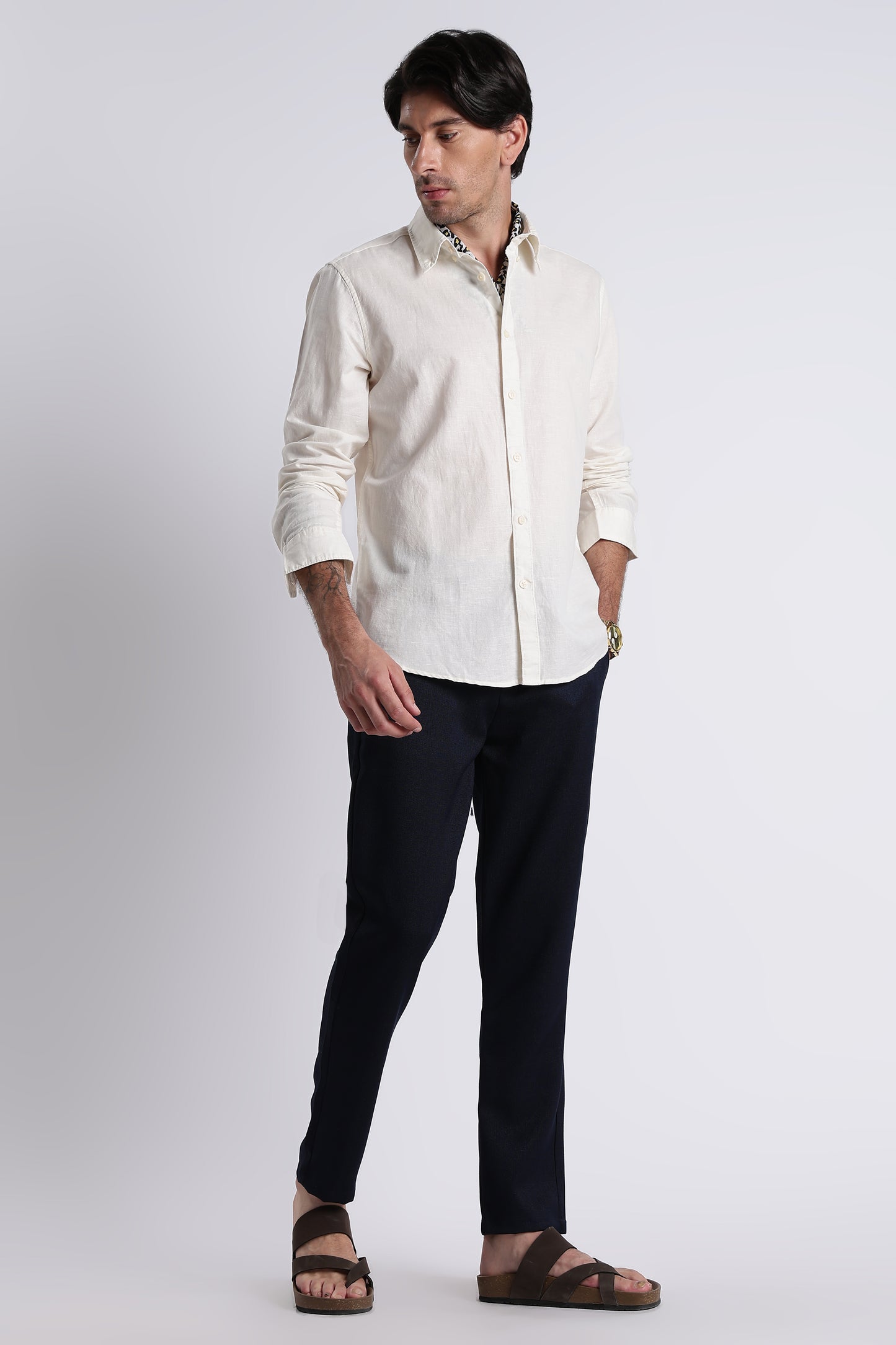 Premium Cotton Linen Slim Fit Solid Shirt Off White