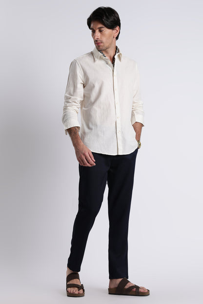 Premium Cotton Linen Slim Fit Solid Shirt Off White