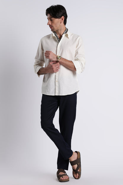 Premium Cotton Linen Slim Fit Solid Shirt Off White