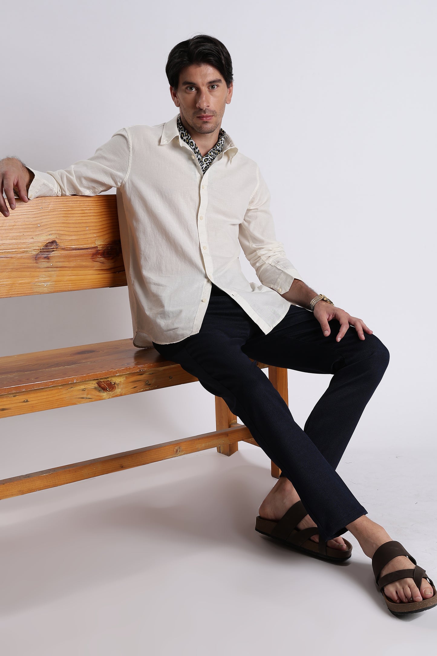 Premium Cotton Linen Slim Fit Solid Shirt Off White