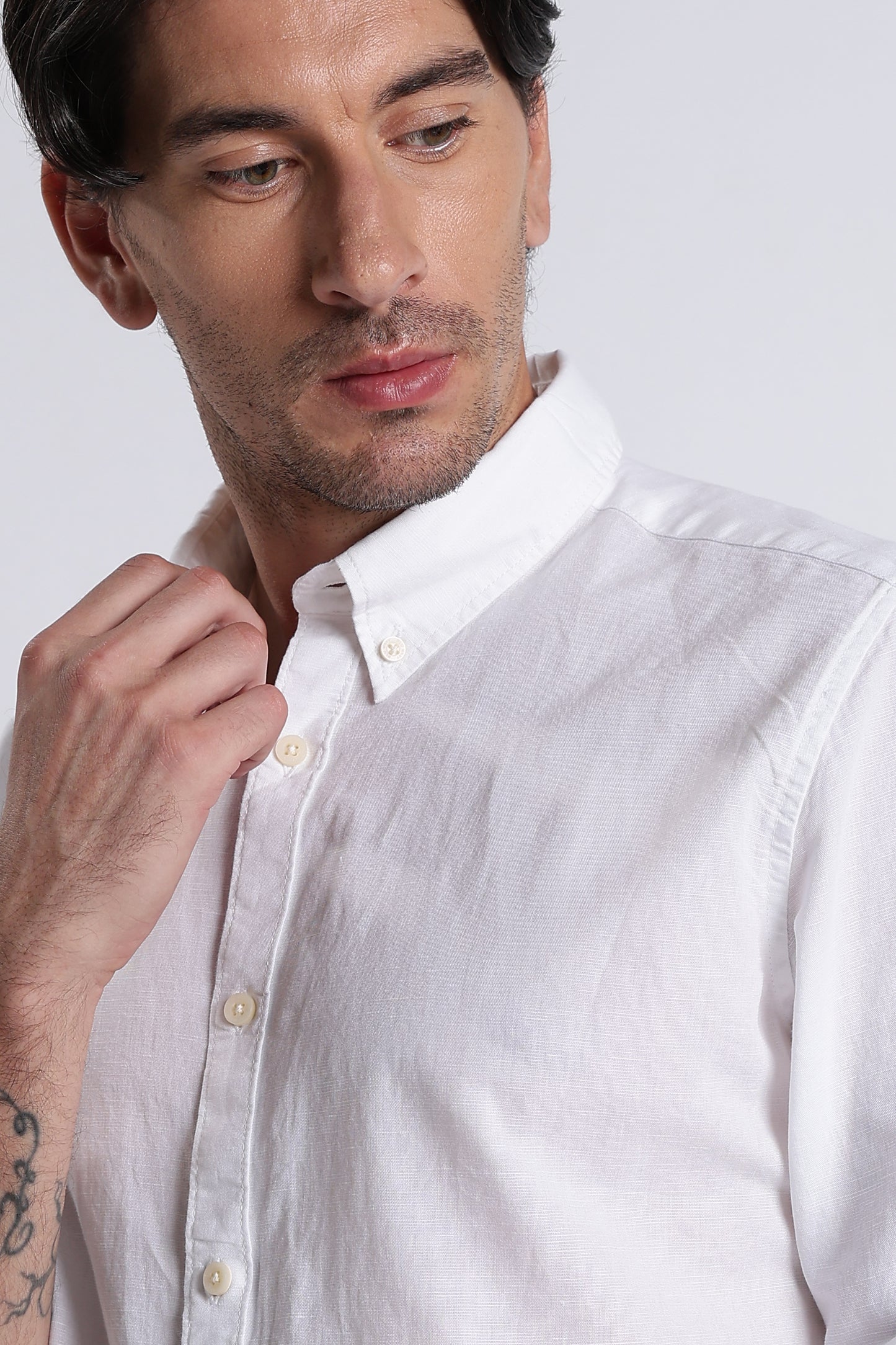 Premium Cotton Linen Slim Fit Solid Shirt White