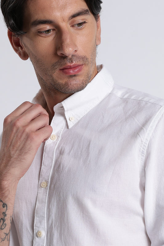 Premium Cotton Linen Slim Fit Solid Shirt White