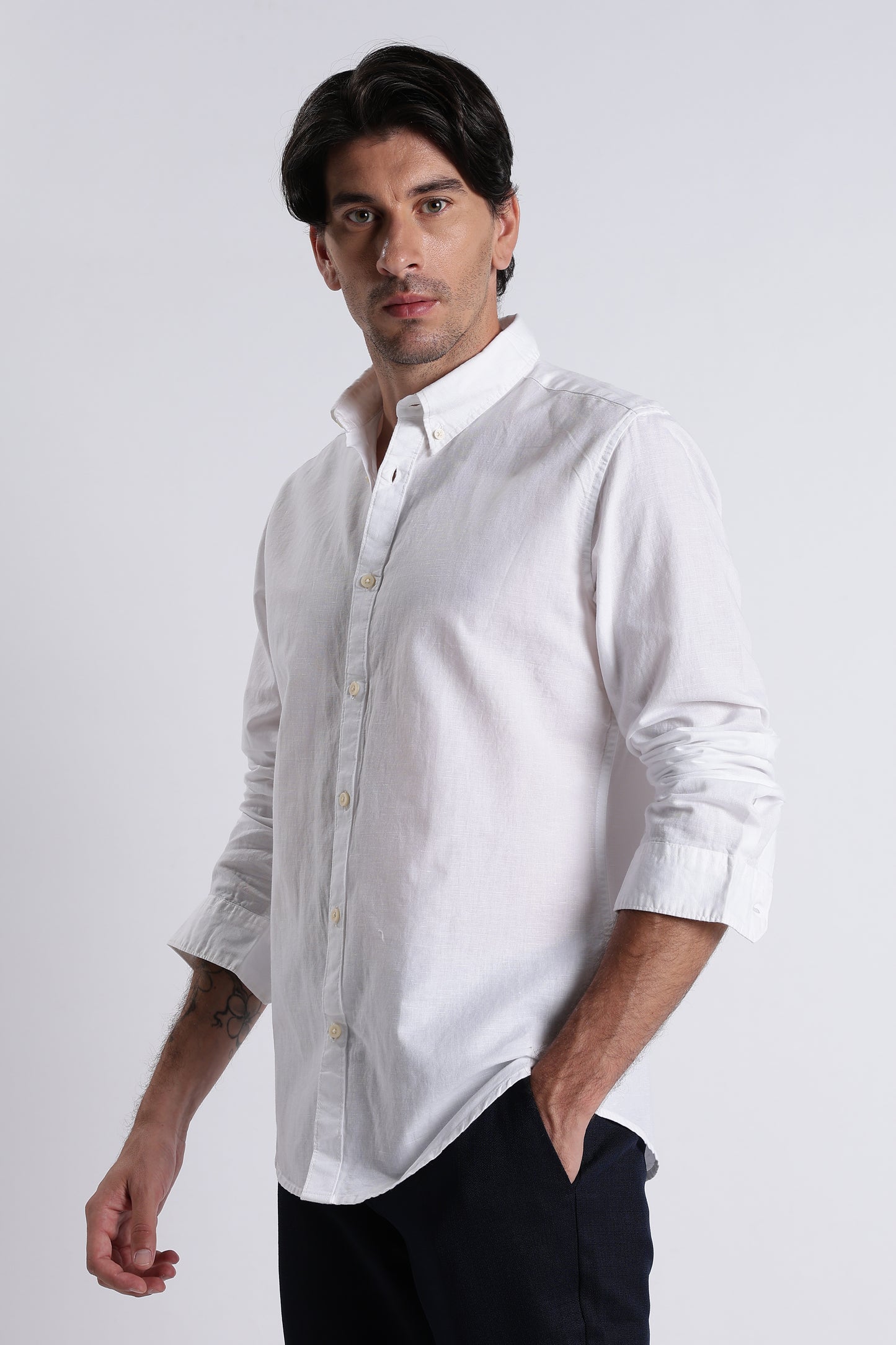 Premium Cotton Linen Slim Fit Solid Shirt White
