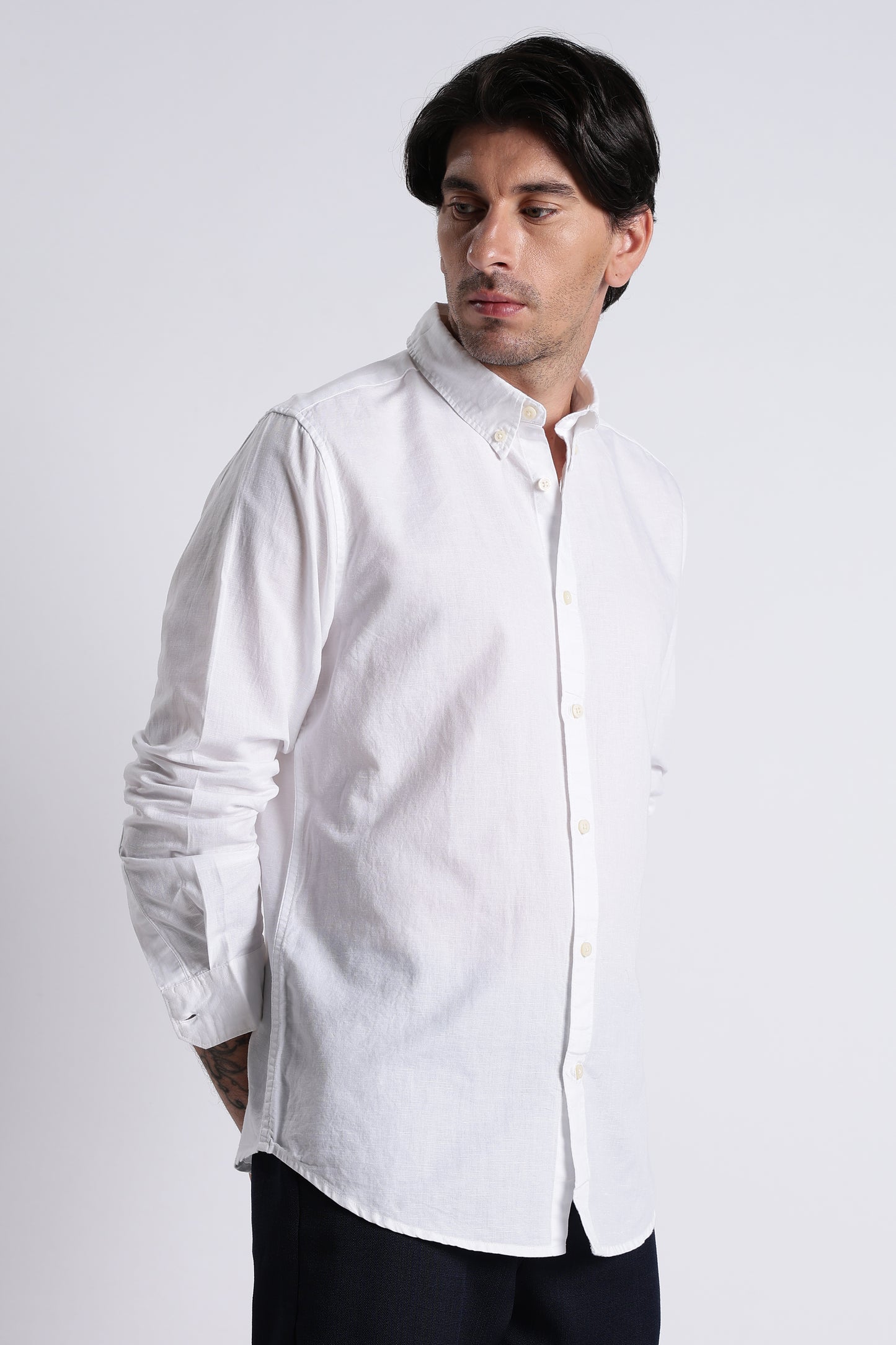 Premium Cotton Linen Slim Fit Solid Shirt White