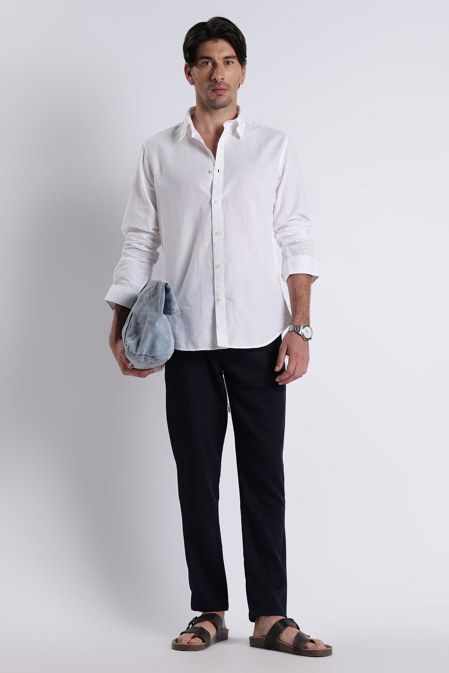 Premium Cotton Linen Slim Fit Solid Shirt White