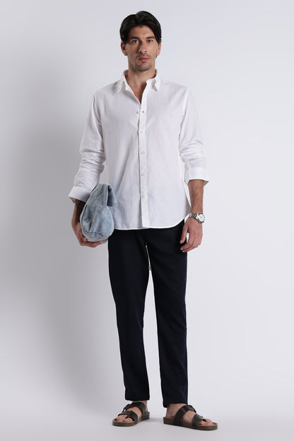 Premium Cotton Linen Slim Fit Solid Shirt White