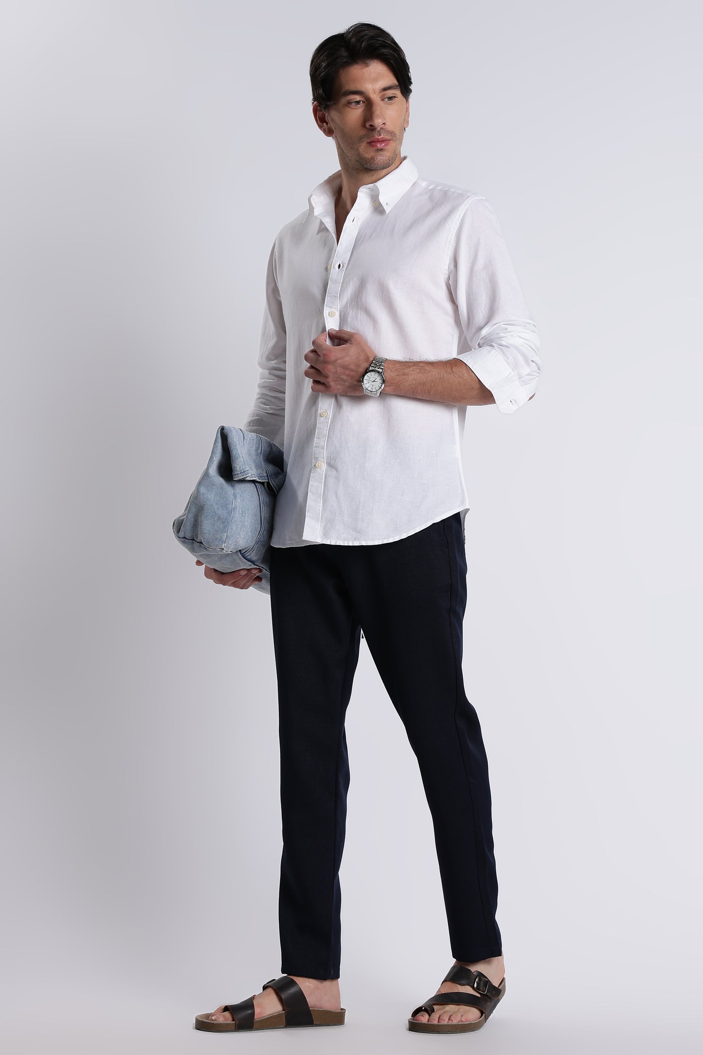 Premium Cotton Linen Slim Fit Solid Shirt White