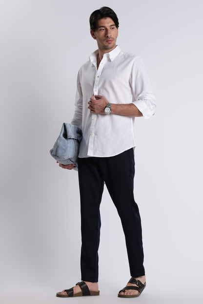 Premium Cotton Linen Slim Fit Solid Shirt White