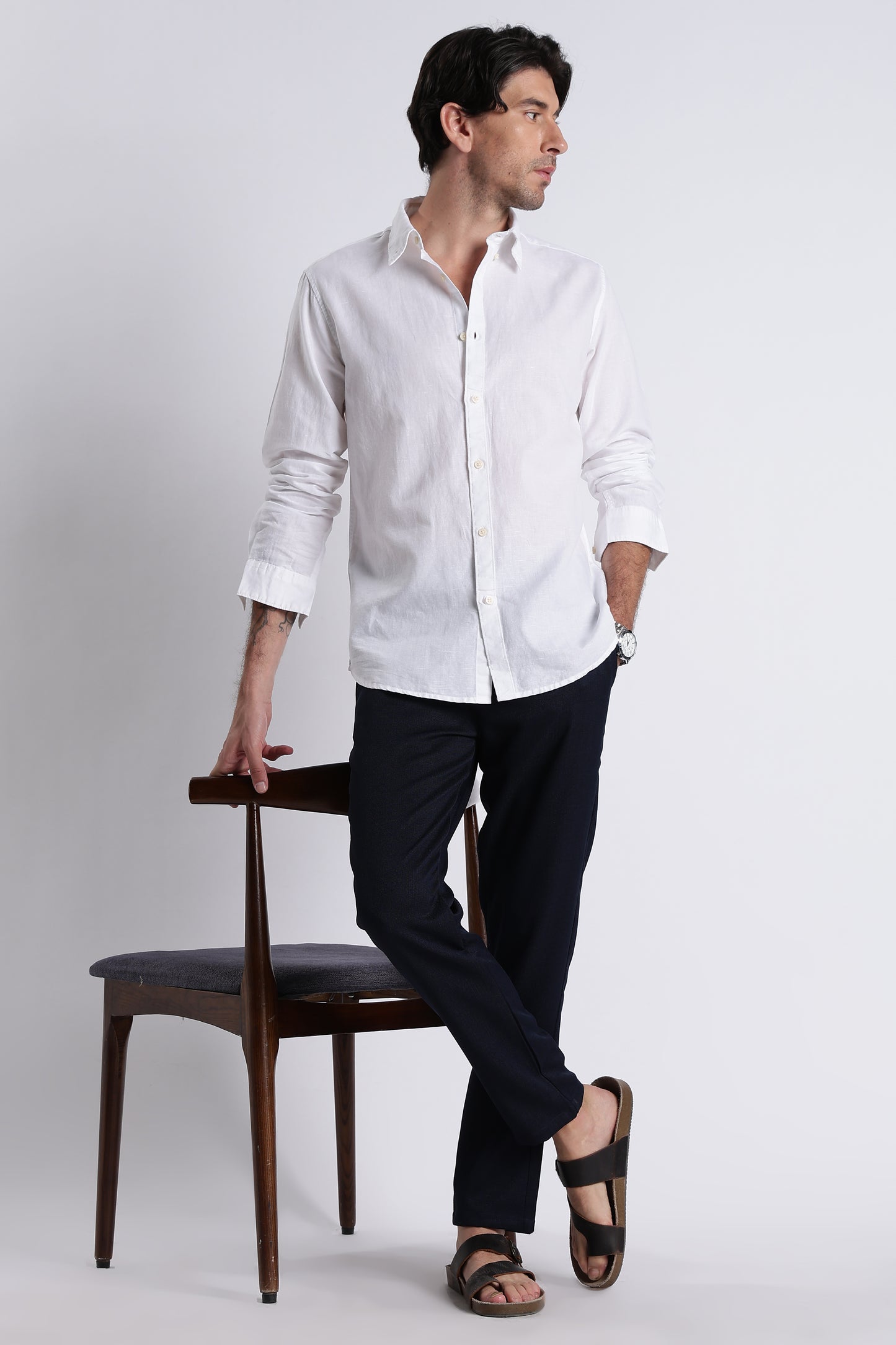 Premium Cotton Linen Slim Fit Solid Shirt White