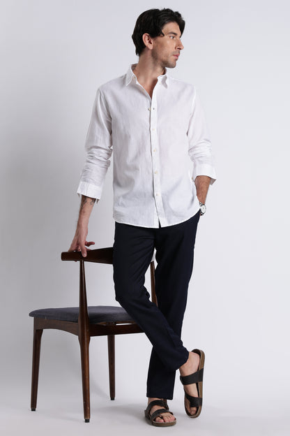 Premium Cotton Linen Slim Fit Solid Shirt White