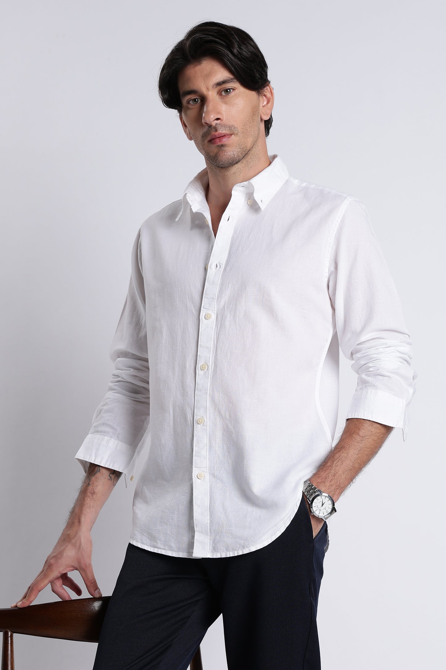 Premium Cotton Linen Slim Fit Solid Shirt White