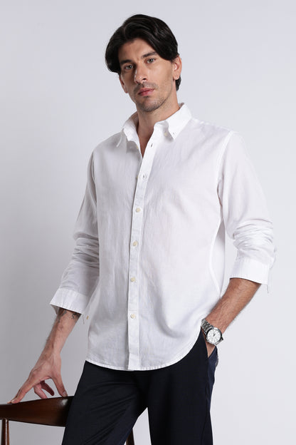 Premium Cotton Linen Slim Fit Solid Shirt White