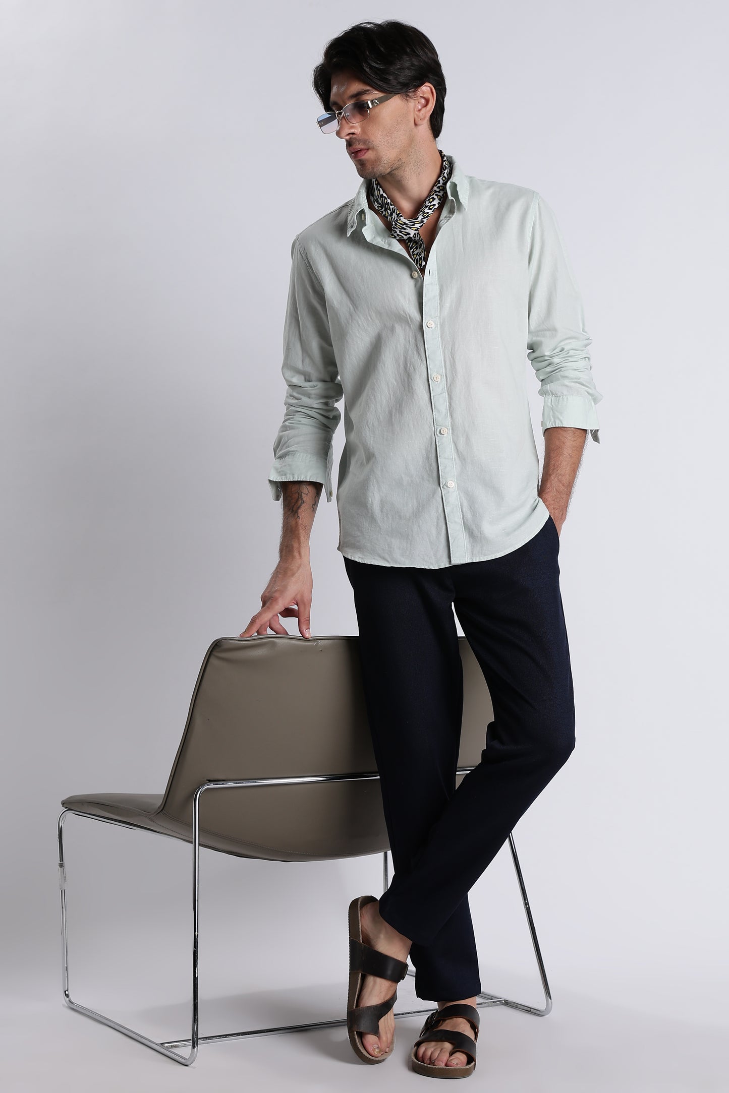 Premium Cotton Linen Slim Fit Solid Shirt Lt Green