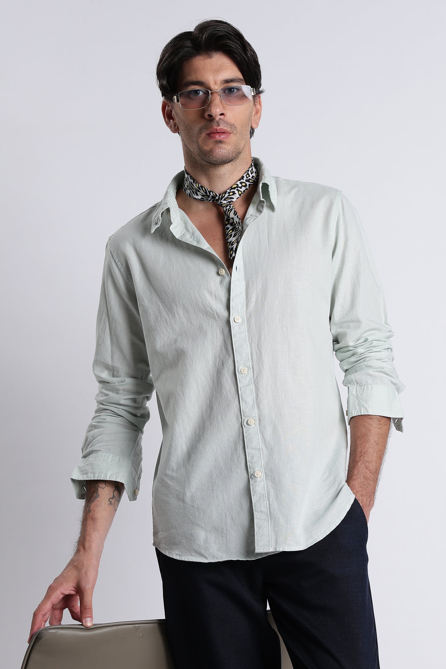 Premium Cotton Linen Slim Fit Solid Shirt Lt Green