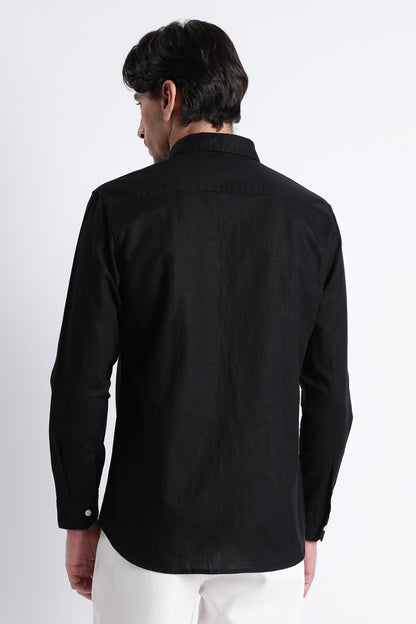Premium Cotton Linen Slim Fit Solid Shirt Black