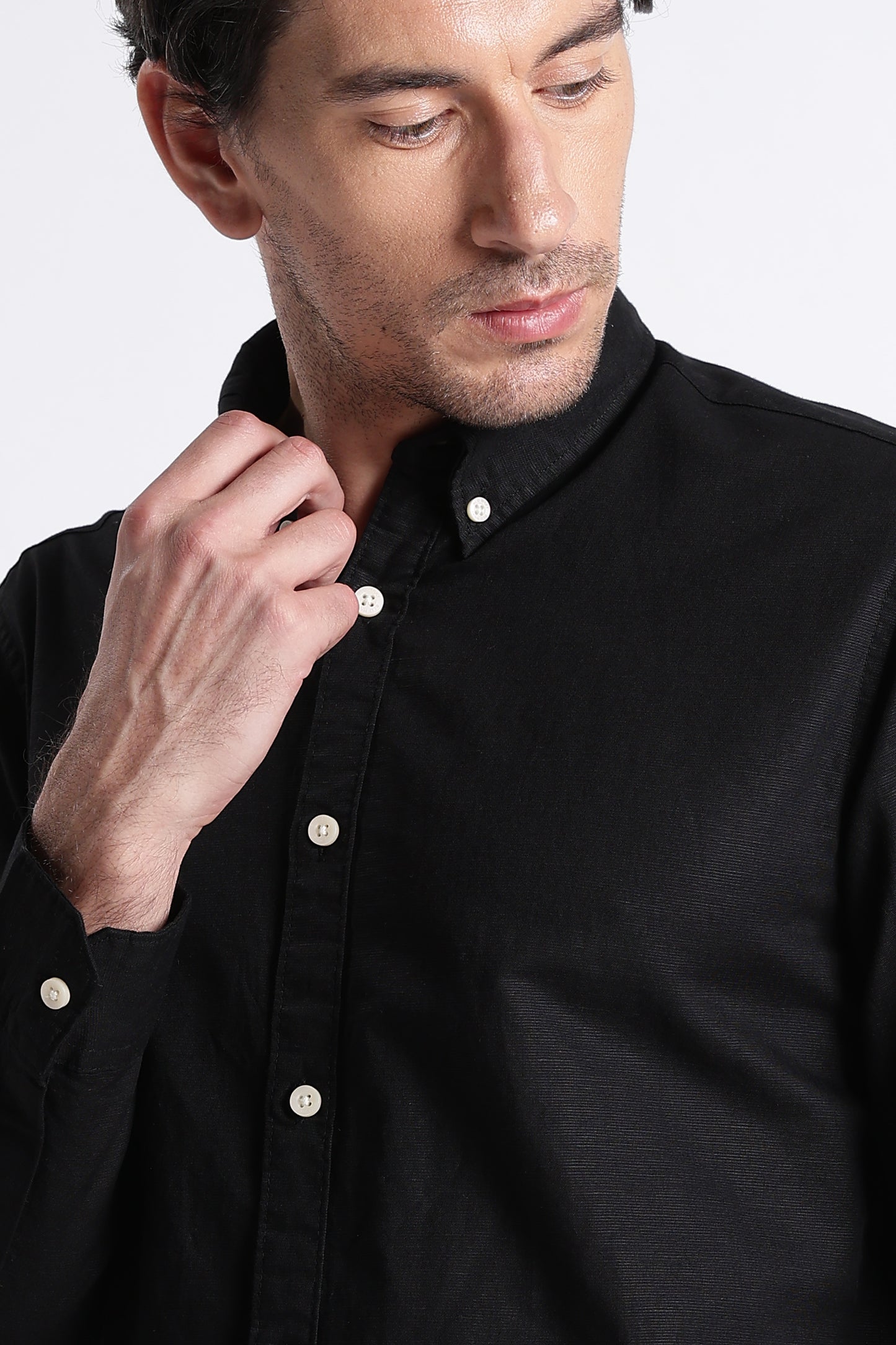 Premium Cotton Linen Slim Fit Solid Shirt Black