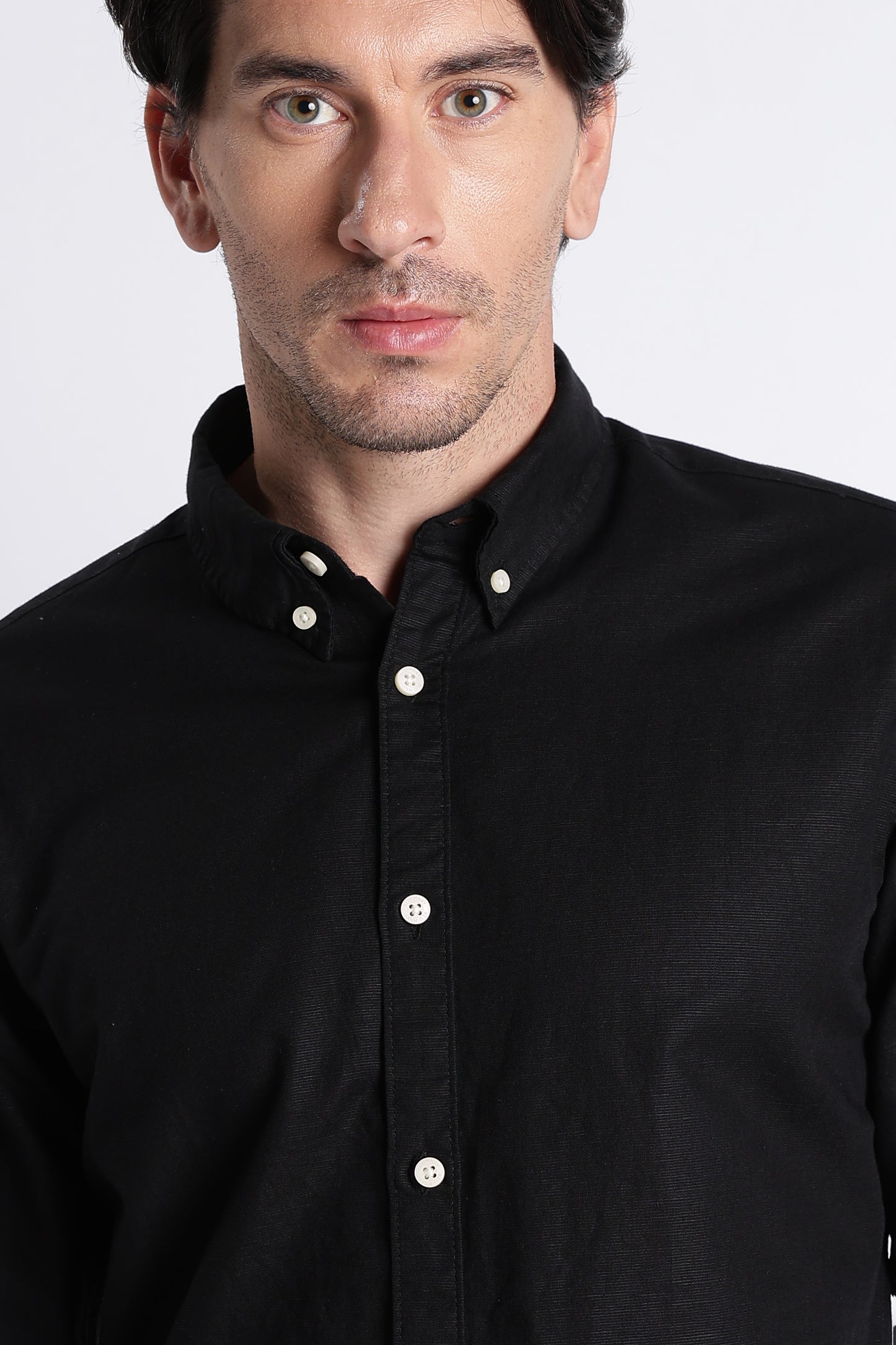 Premium Cotton Linen Slim Fit Solid Shirt Black