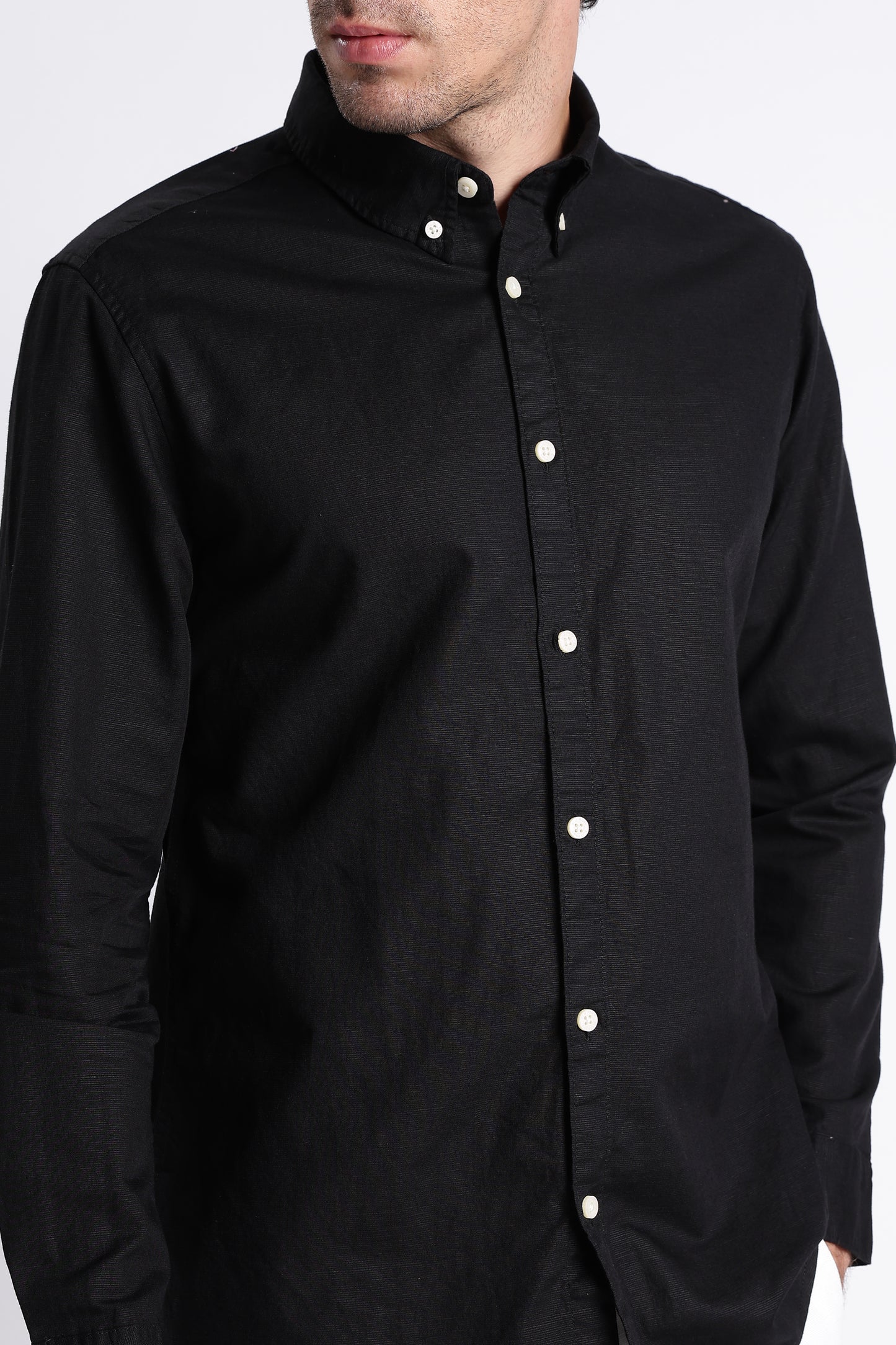 Premium Cotton Linen Slim Fit Solid Shirt Black