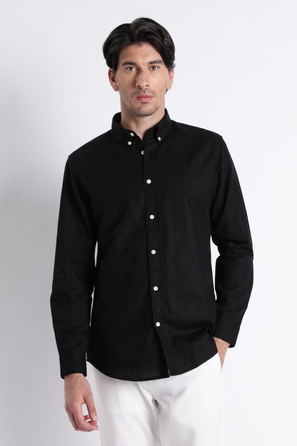 Premium Cotton Linen Slim Fit Solid Shirt Black