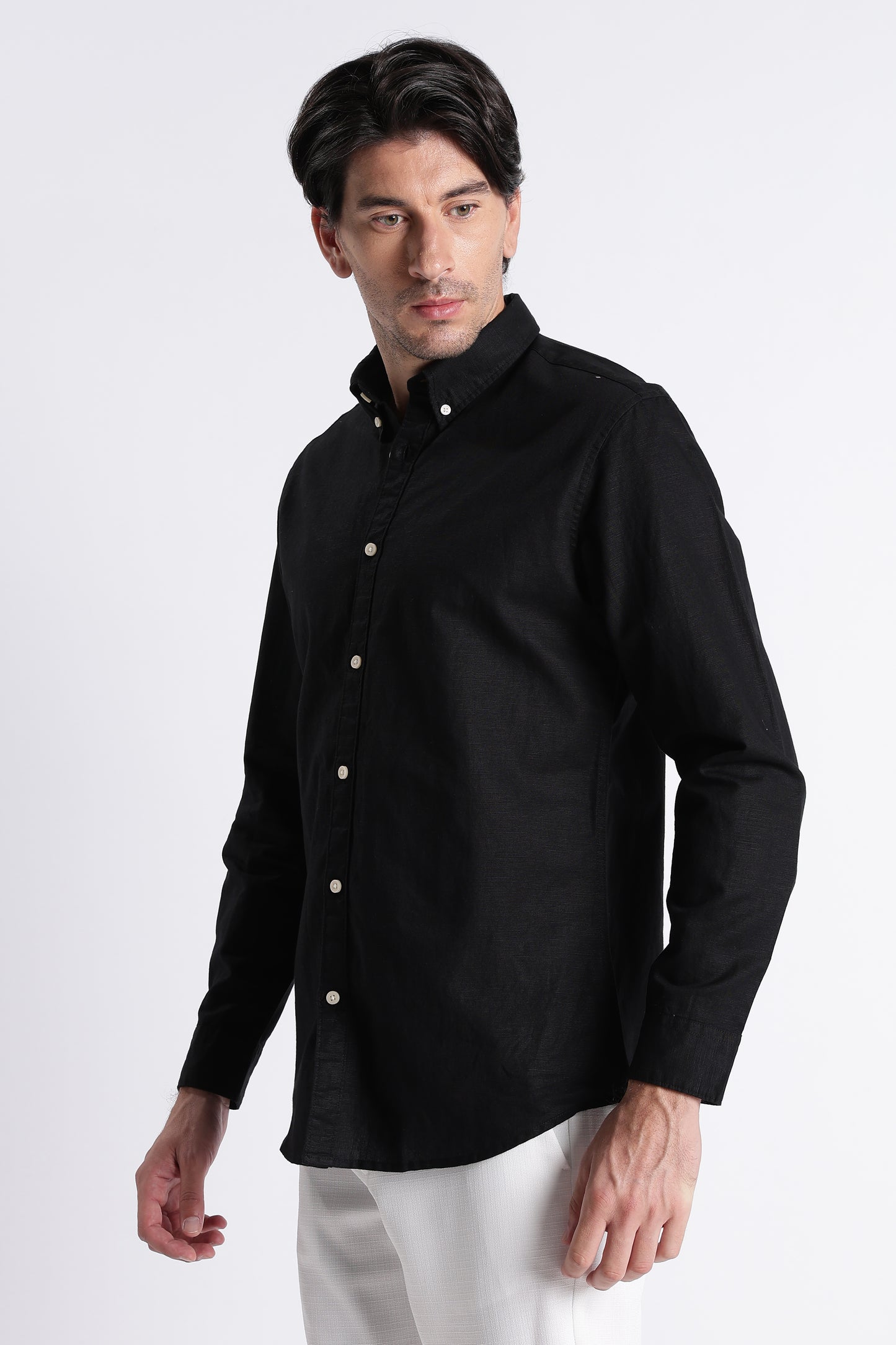 Premium Cotton Linen Slim Fit Solid Shirt Black