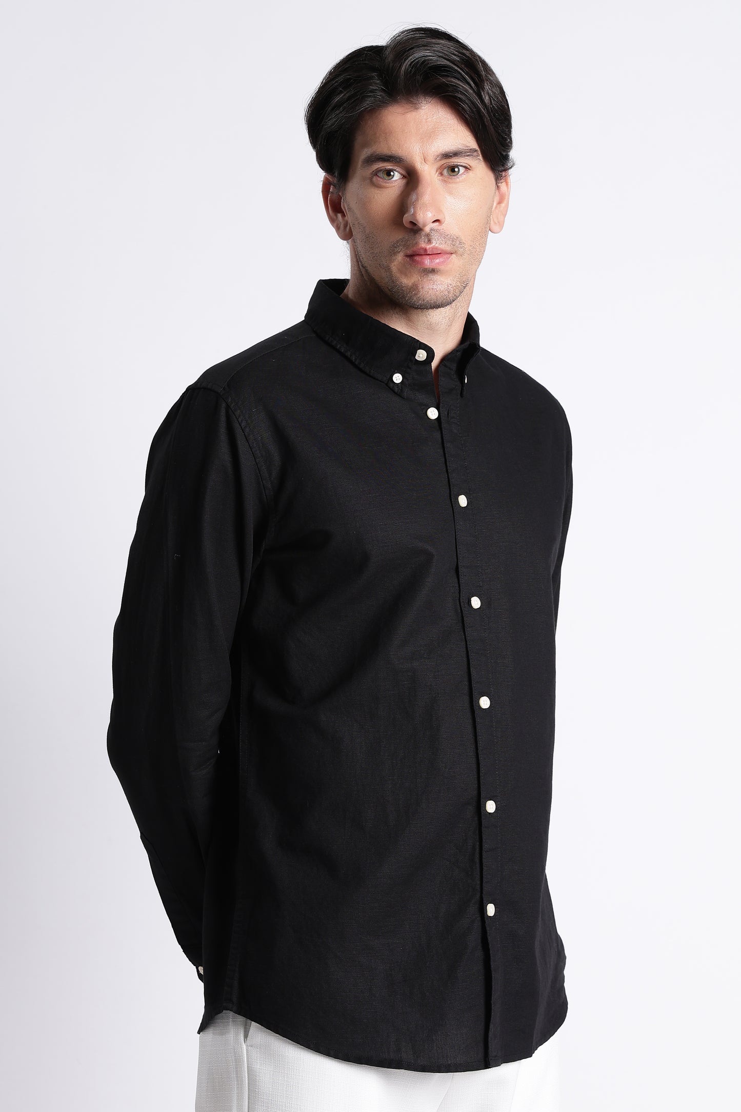 Premium Cotton Linen Slim Fit Solid Shirt Black