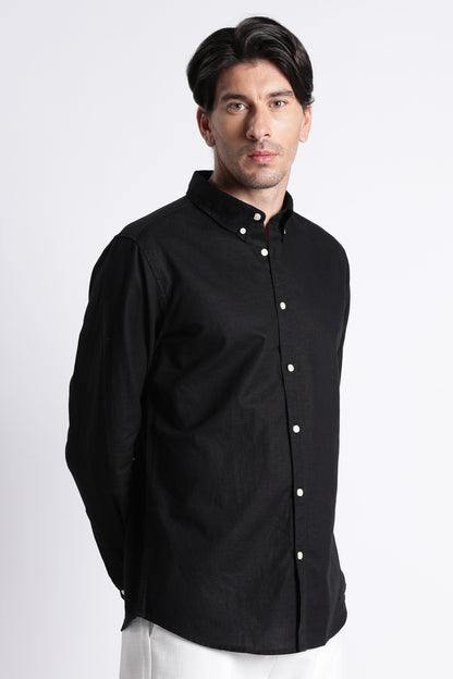 Premium Cotton Linen Slim Fit Solid Shirt Black