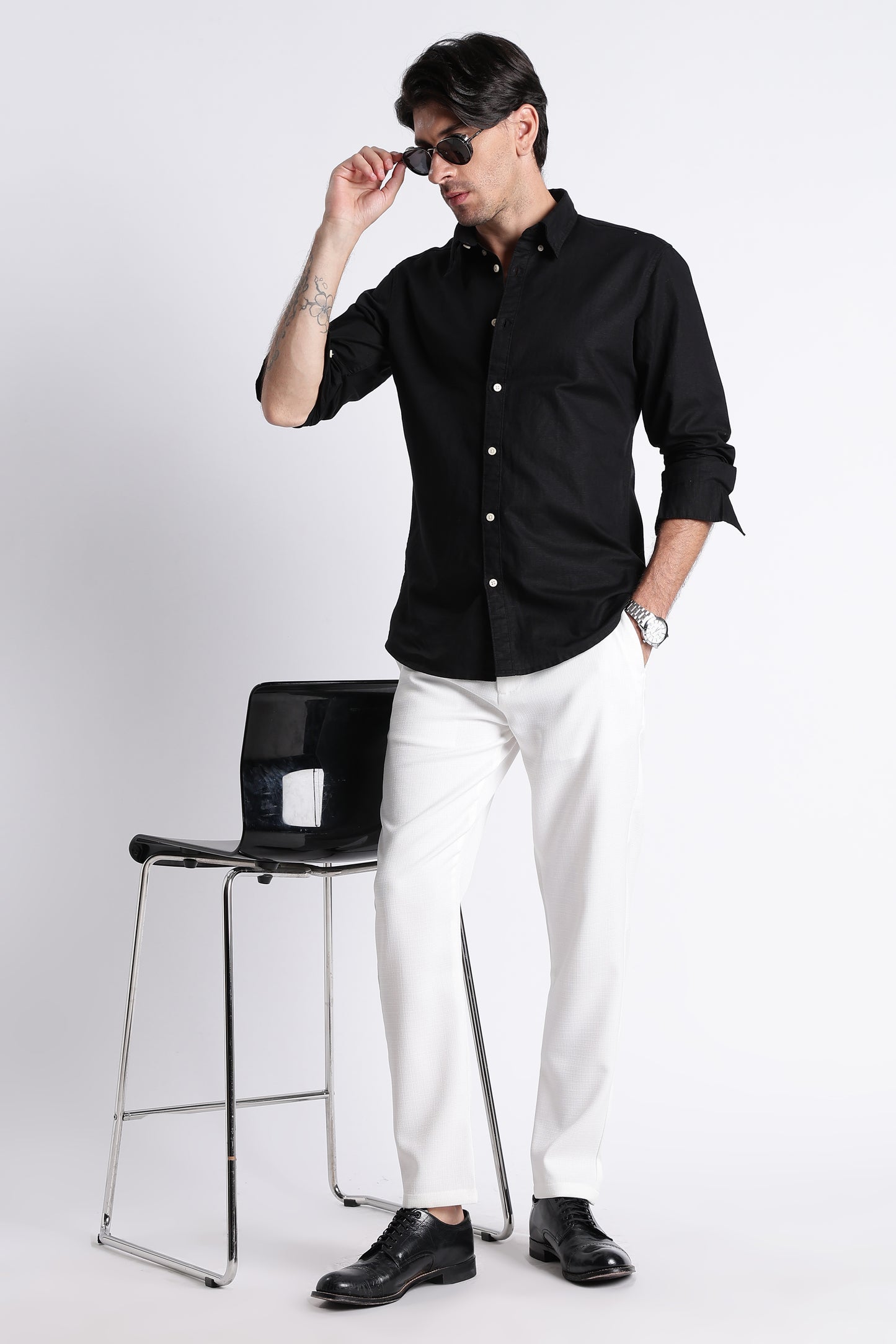 Premium Cotton Linen Slim Fit Solid Shirt Black