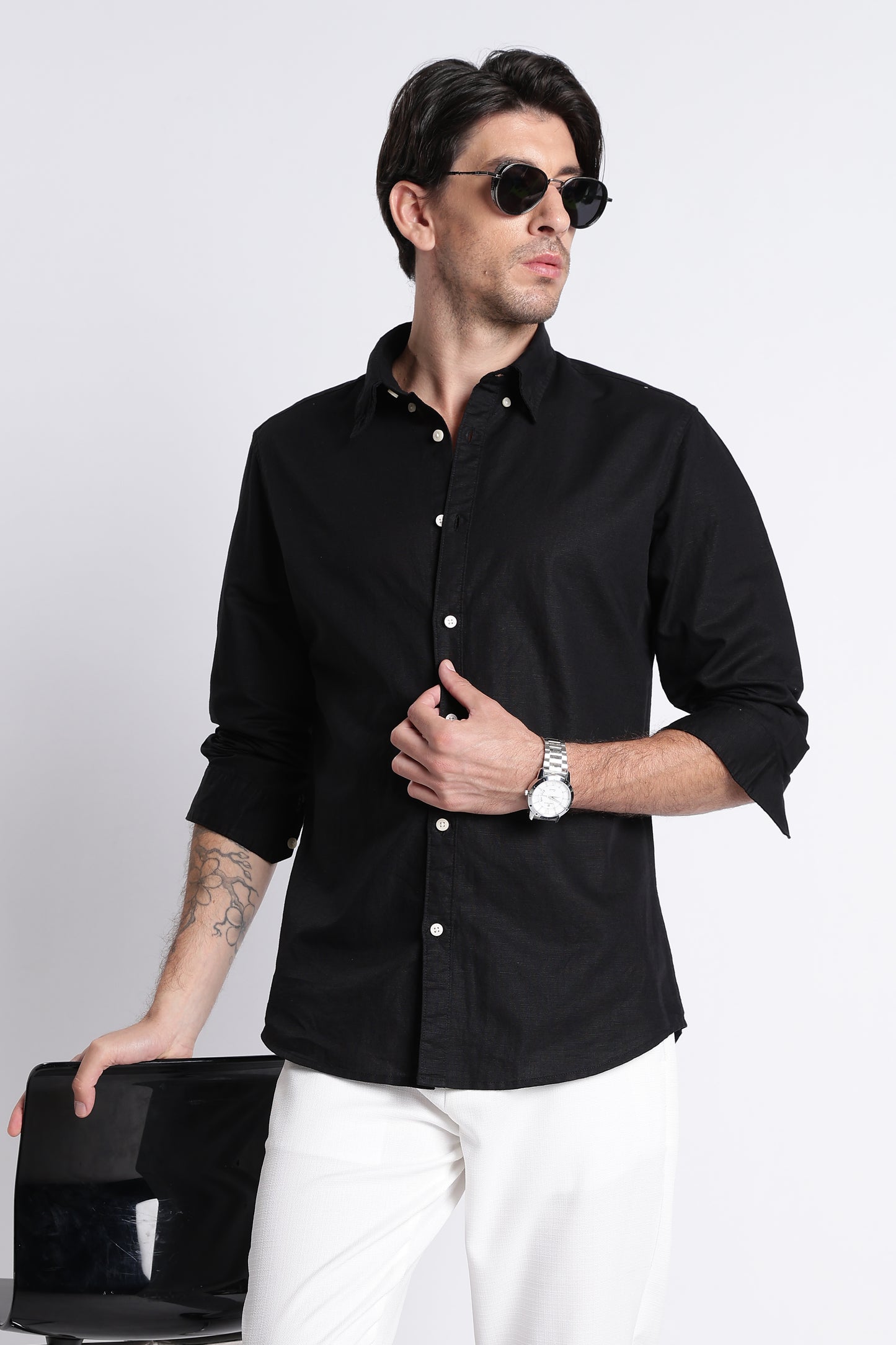 Premium Cotton Linen Slim Fit Solid Shirt Black
