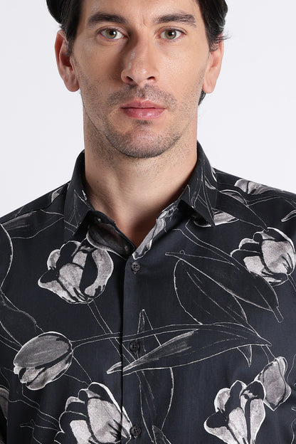 Floral Digital Print Shirt Black Grey