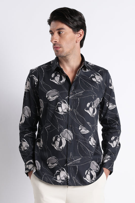 Floral Digital Print Shirt Black Grey