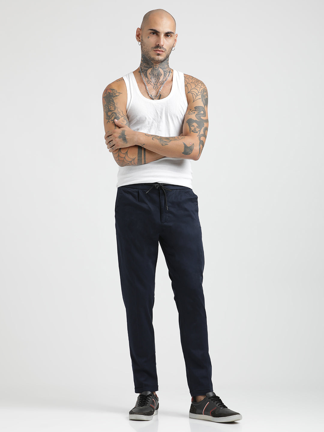 Cotton Drawstring Trousers with Pockets Navy