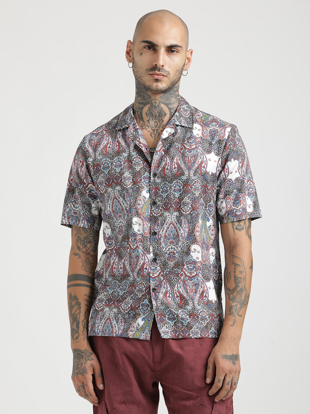 Printed Cotton Satin Shirt Maroon