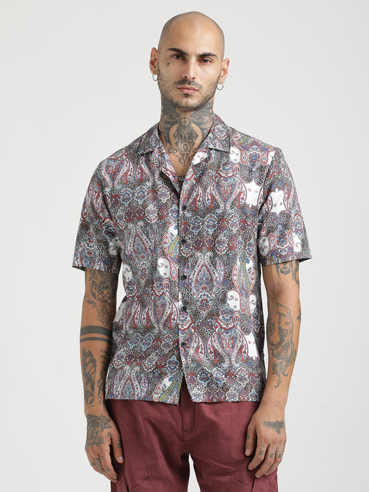 Printed Cotton Satin Shirt Maroon