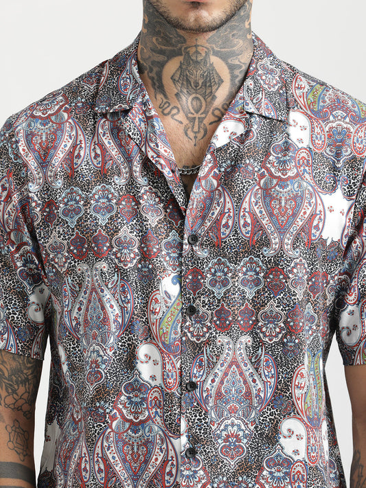 Printed Cotton Satin Shirt Maroon