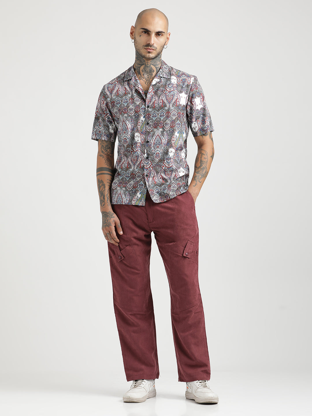 Printed Cotton Satin Shirt Maroon