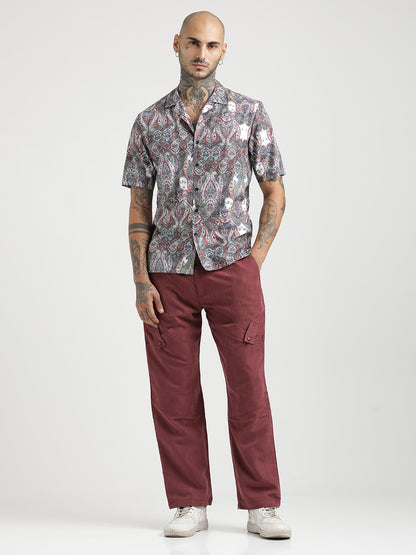 Printed Cotton Satin Shirt Maroon