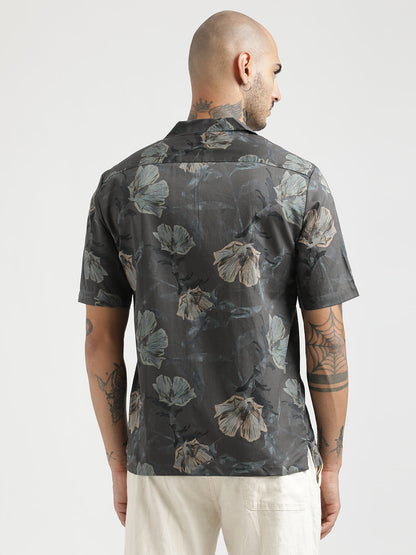 Printed Cotton Satin Shirt Dk grey