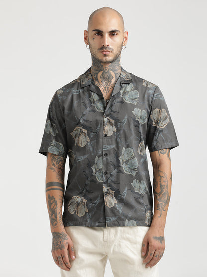 Printed Cotton Satin Shirt Dk grey