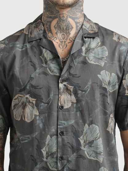 Printed Cotton Satin Shirt Dk grey
