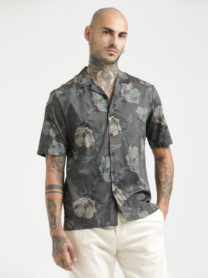 Printed Cotton Satin Shirt Dk grey