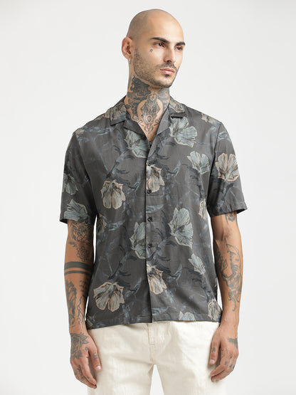 Printed Cotton Satin Shirt Dk grey
