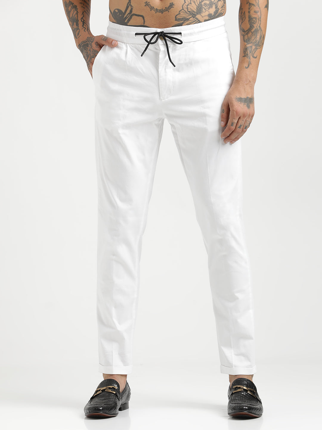 Cotton Drawstring Trousers with Pockets White